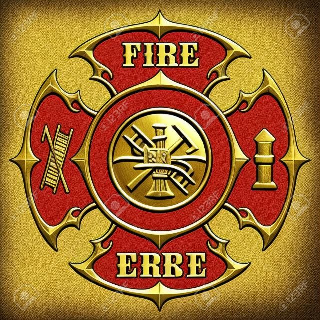 Feuerwehr Kreuz Vintage Gold ist eine Illustration eines Jahrgangs Feuerwehr-Malteserkreuz in einer goldenen Farbe mit Feuerwehrmann-Logo im Inneren.