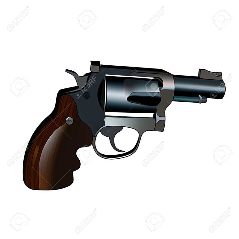 Revolver Pointed at You é uma ilustração de uma arma estilo revólver de um ângulo de três quartos Preto com aderência de madeira