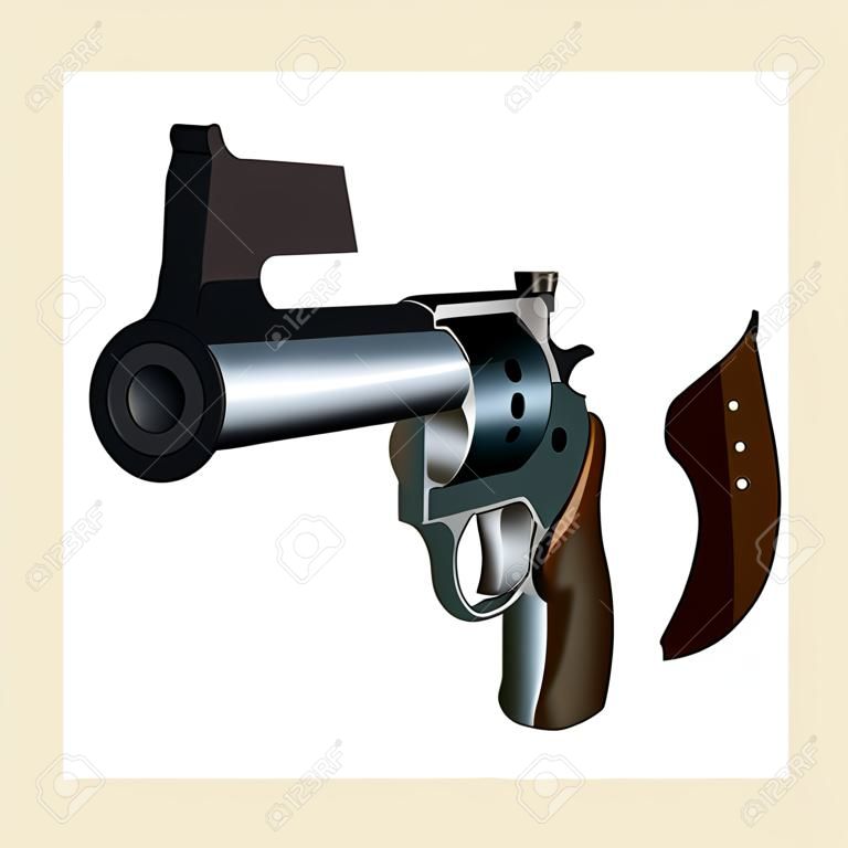 Revolver Pointed at You é uma ilustração de uma arma estilo revólver de um ângulo de três quartos Preto com aderência de madeira