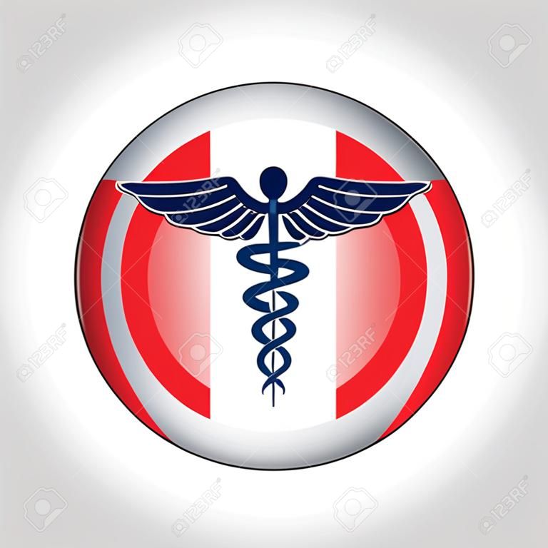 Caduceus First Aid Medical Symbool Button is een illustratie van een caduceus medisch symbool op een rode en witte EHBO-knop