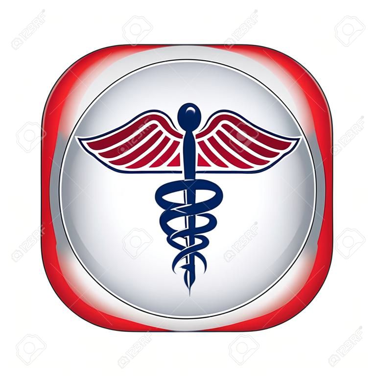 Caduceus First Aid Medical Symbool Button is een illustratie van een caduceus medisch symbool op een rode en witte EHBO-knop