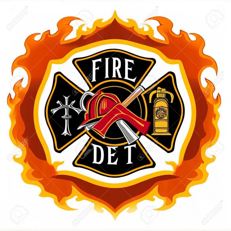 Пожарный Креста с огнем является иллюстрацией отдела пожарной охраны или пожарный Мальтийский крест символ с огнем Включает пожарный инструменты символ