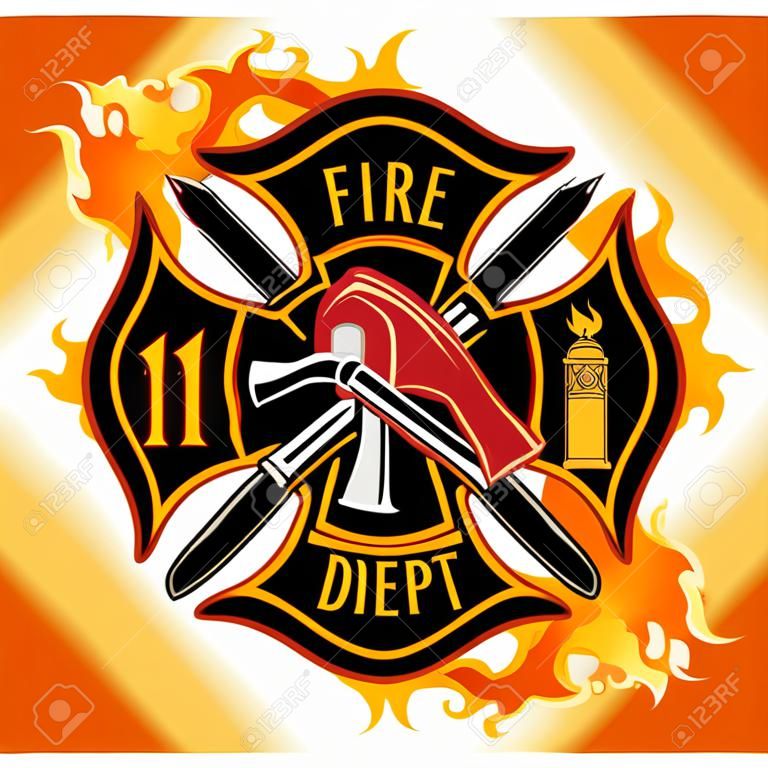 Cruz do bombeiro com chamas é uma ilustração de um corpo de bombeiros ou símbolo de cruz maltês do bombeiro com chamas Inclui o símbolo de ferramentas do bombeiro