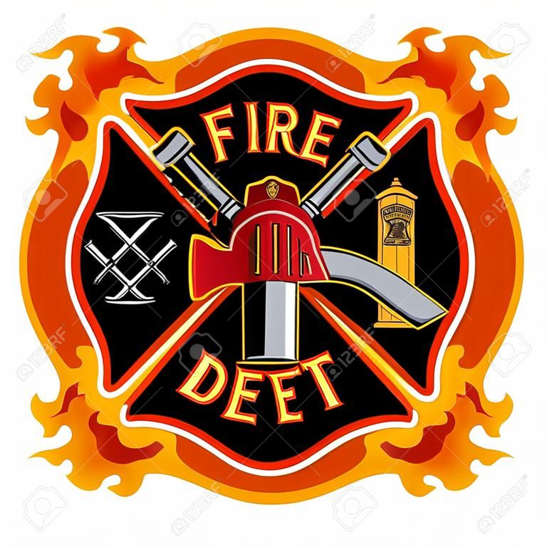 Feuerwehrmann Kreuz mit Flammen ist eine Darstellung einer Feuerwehr oder Feuerwehrmann die Malteserkreuz Symbol mit Flammen Inklusive Feuerwehrmann-Tools Symbol