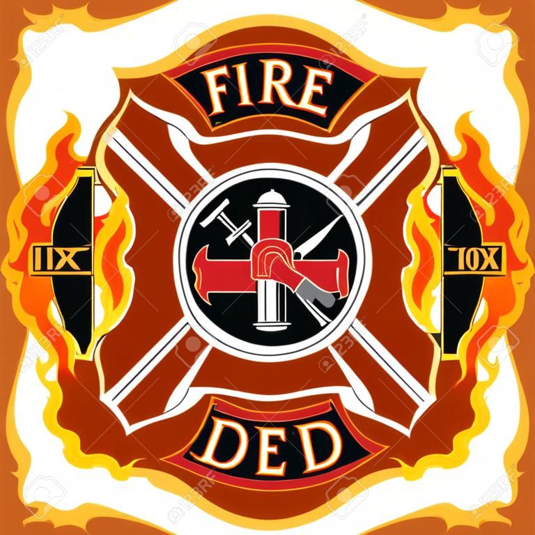 Cruz do bombeiro com chamas é uma ilustração de um corpo de bombeiros ou símbolo de cruz maltês do bombeiro com chamas Inclui o símbolo de ferramentas do bombeiro