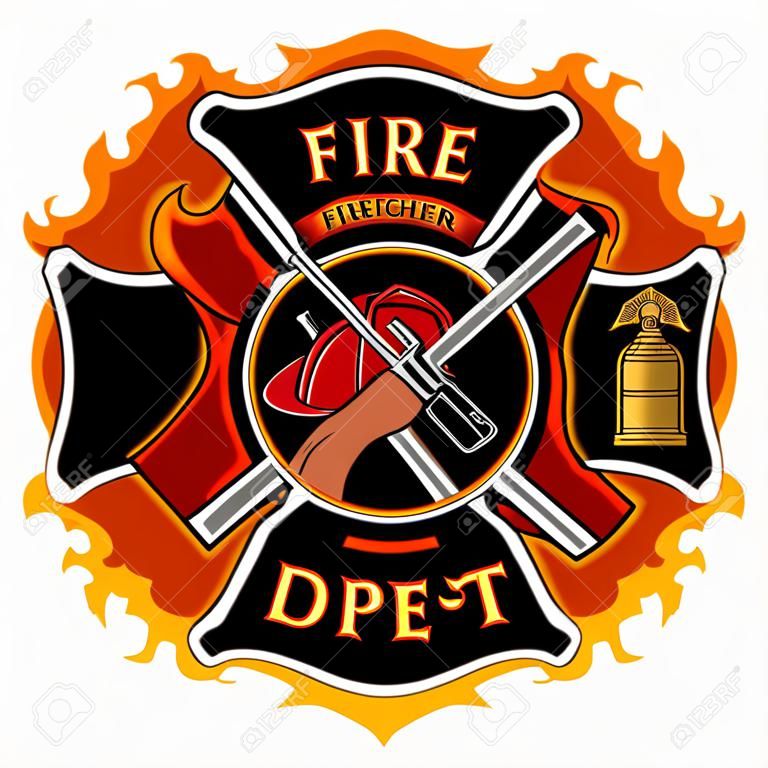 消防队员穿过火焰和火焰的消防部门或消防员马耳他十字符号实例包括消防工具符号