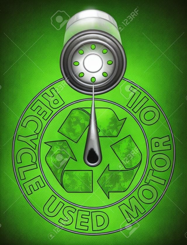 Recycle Gebruikte Olie is een illustratie van een recycle symbool in groen een oliefilter druppelen olie en de woorden Recycle Gebruikte Motorolie.