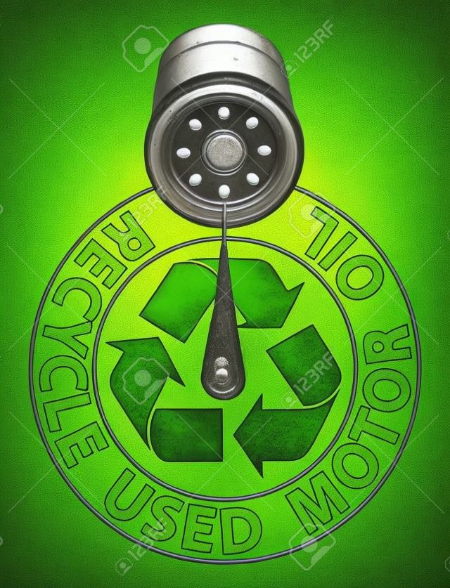 Recycle Gebruikte Olie is een illustratie van een recycle symbool in groen een oliefilter druppelen olie en de woorden Recycle Gebruikte Motorolie.