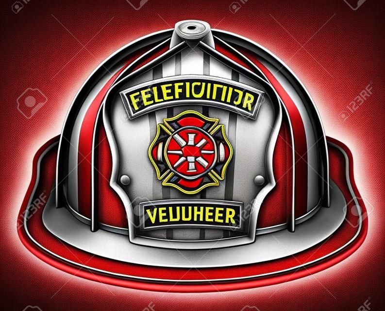 O capacete vermelho do voluntário do bombeiro é uma ilustração de um capacete vermelho do bombeiro ou do chapéu do bombeiro da frente com um escudo, cruz maltesa e logotipo das ferramentas do bombeiro.