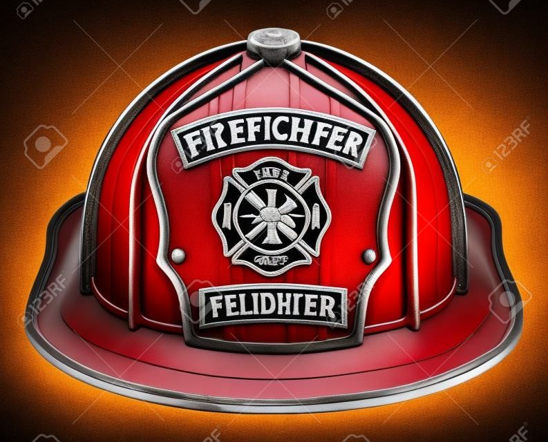 O capacete vermelho do voluntário do bombeiro é uma ilustração de um capacete vermelho do bombeiro ou do chapéu do bombeiro da frente com um escudo, cruz maltesa e logotipo das ferramentas do bombeiro.