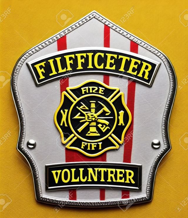 消防員志願者徽章是志願消防員或firemans盾或徽章與馬耳他十字和消防隊員工具的說明