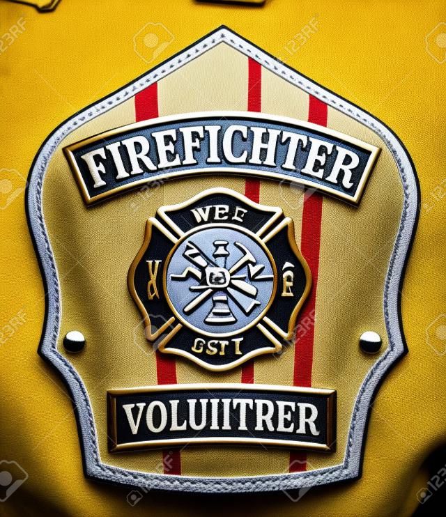 Firefighter Volunteer Badge is an illustration of a volunteer firefighters or firemans shield or badge with a Maltese cross and firefighter tools 