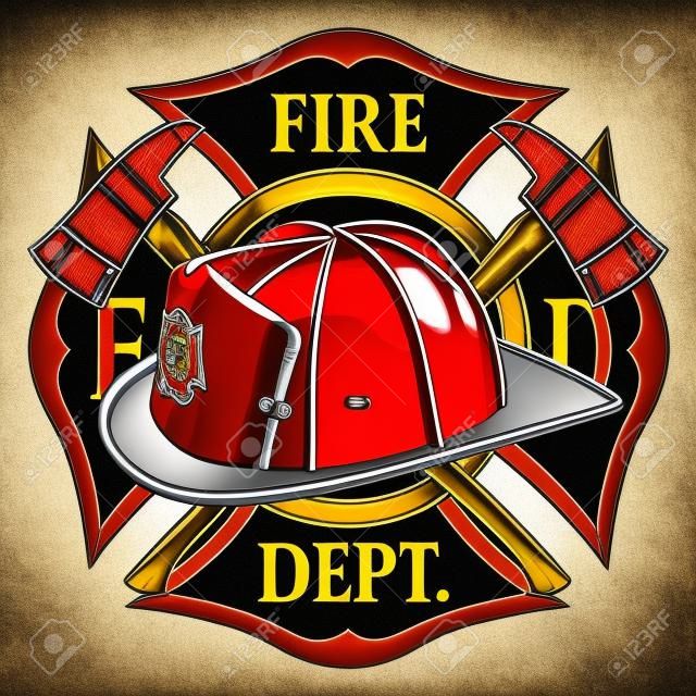 El símbolo de la Cruz del Departamento de Bomberos es una ilustración de un bombero o bombero emblema de la cruz de Malta con casco de bombero y hachas de bombero en primer plano. Ideal para camisetas, folletos y sitios web.