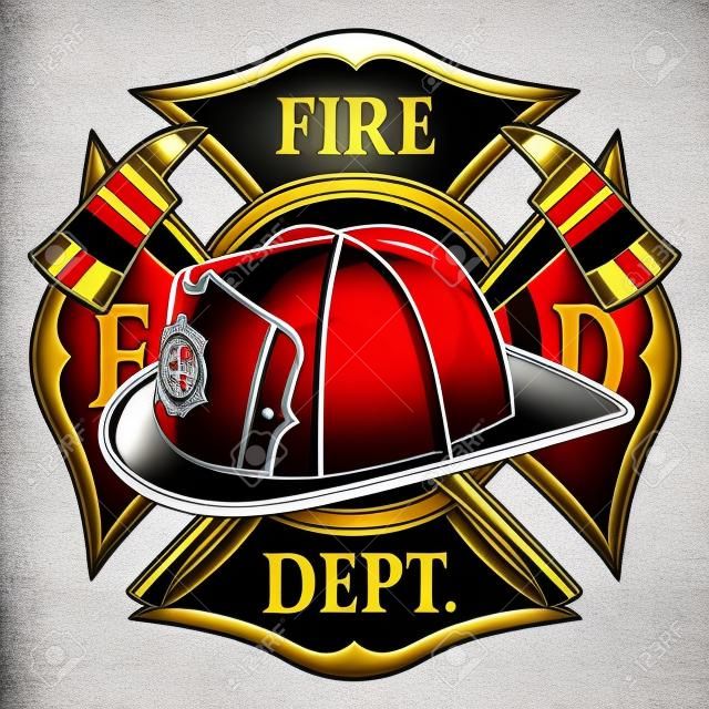 Fire Department Cross Symbol is an illustration of a fireman or firefighter Maltese cross emblem with a firefighter helmet and firefighter axes in the foreground. Great for t-shirts, flyers, and websites.