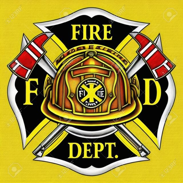 黄色いヘルメットと斧を持つ消防署クロスヴィンテージは、バッジと交差軸と黄色のボランティア消防士のヘルメットとヴィンテージ消防士や消防士マルタクロスエンブレムのイラストです。Tシャツ、チラシ、ウェブサイトに最適です。