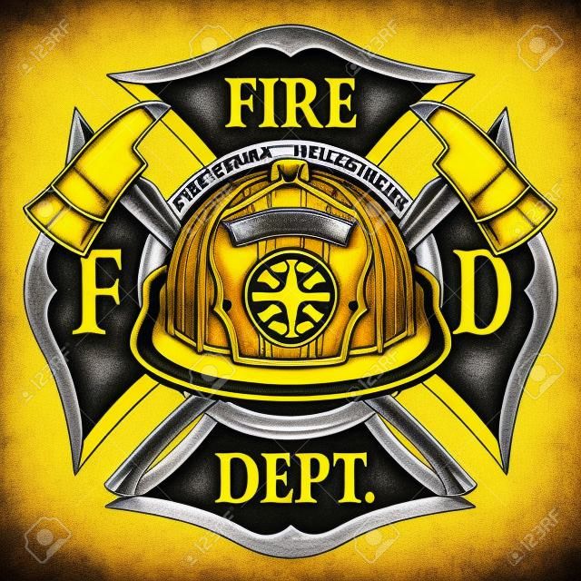 黄色いヘルメットと斧を持つ消防署クロスヴィンテージは、バッジと交差軸と黄色のボランティア消防士のヘルメットとヴィンテージ消防士や消防士マルタクロスエンブレムのイラストです。Tシャツ、チラシ、ウェブサイトに最適です。