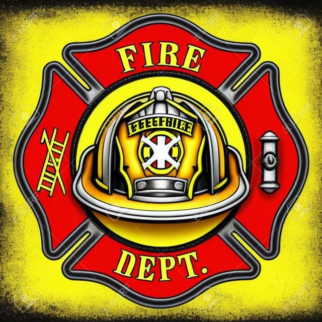 Capacete Cruz Amarelo do Corpo de Bombeiros é uma ilustração de um emblema cruzado maltês de bombeiro ou bombeiro com um capacete de bombeiro amarelo e crachá contendo um espaço vazio para o seu texto em primeiro plano. timo para camisetas, folhetos e sites.