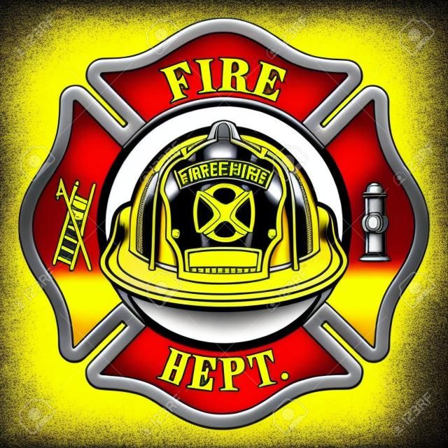 Fire Department Cross Yellow Helmet ist eine Illustration eines Malteserkreuzemblems eines Feuerwehrmanns oder Feuerwehrmanns mit einem gelben Feuerwehrhelm und einem Abzeichen, das einen leeren Raum für Ihren Text im Vordergrund enthält. Ideal für T-Shirts, Flyer und Websites.