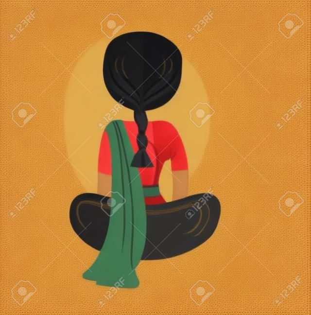 Desenho de personagem de mulheres indianas. Mulheres sentadas em um chão e vestindo saree tradicional na aldeia. Arte vetorial de mulheres indianas com olhar de aldeia tradicional.