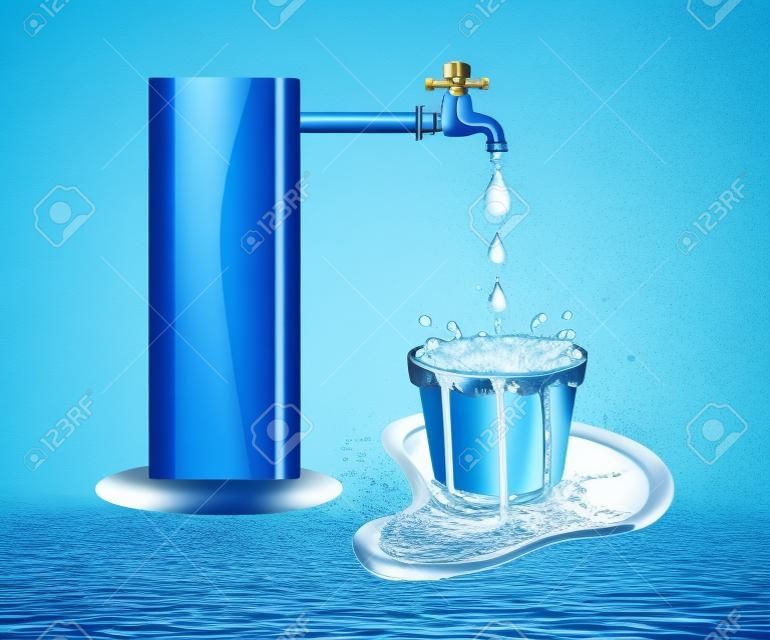 Wastage do tema da água. Wastage da água da torneira corrente como o balde está transbordando com a água. Wastage da gota da água do balde transbordando e espalhando-se no chão.