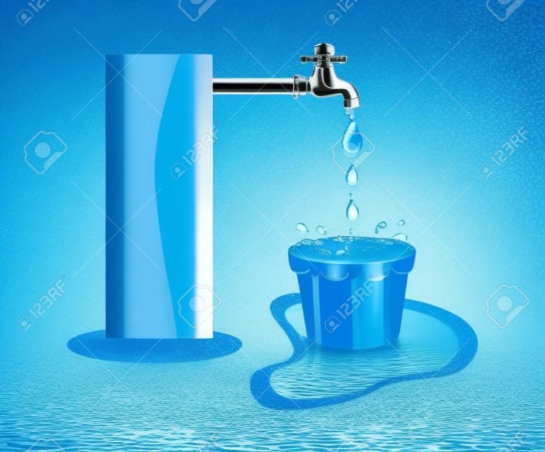 Wastage do tema da água. Wastage da água da torneira corrente como o balde está transbordando com a água. Wastage da gota da água do balde transbordando e espalhando-se no chão.