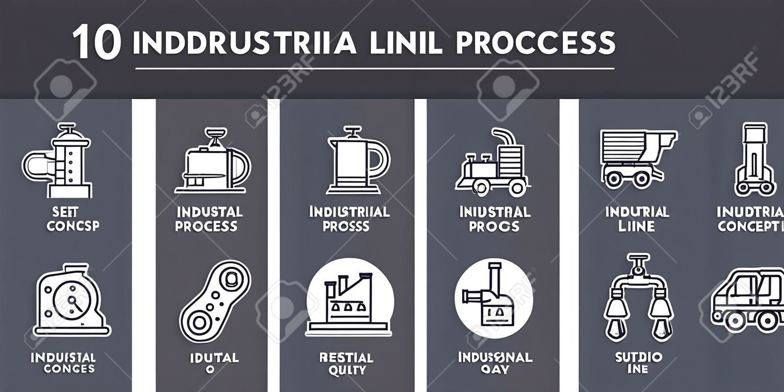 conjunto de 10 iconos de línea de concepto de proceso industrial