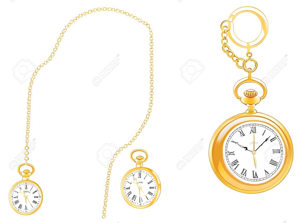 Pseudo relógios de ouro antigos no fundo branco. Relógio vintage com uma cadeia de diferentes comprimentos e formas. Ilustração vetorial realista EPS-8.