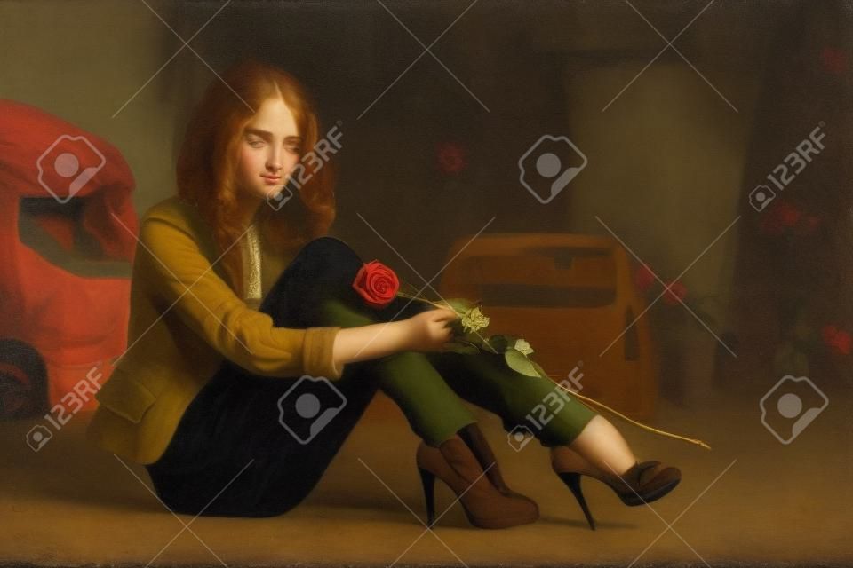 Sad młoda kobieta z różą