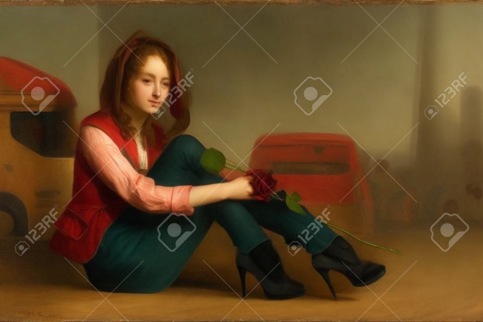 Szomorú fiatal nő rózsával