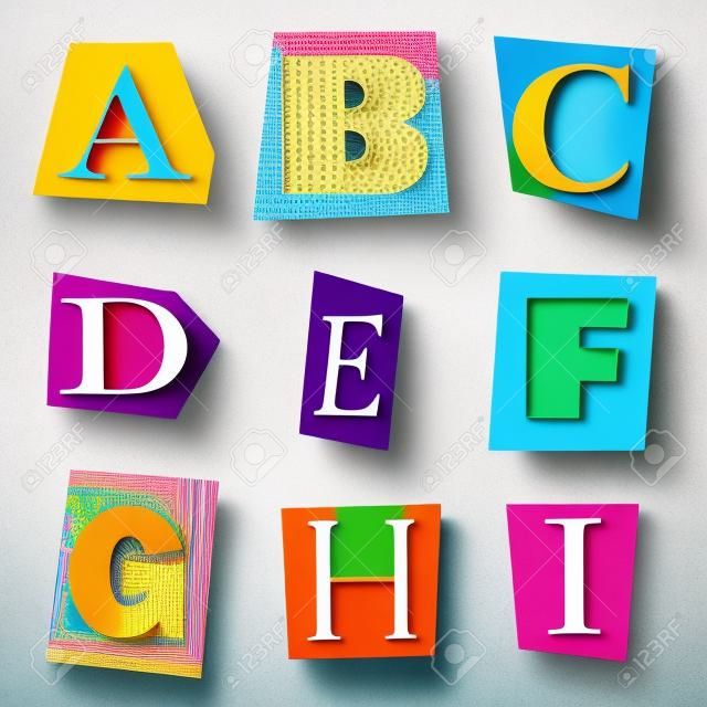 colorful alphabet cut out from magazine letters A to I in high resolution