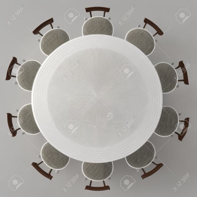 Round table et chaises, haut de la page Avis, isolé sur fond blanc, illustration 3d