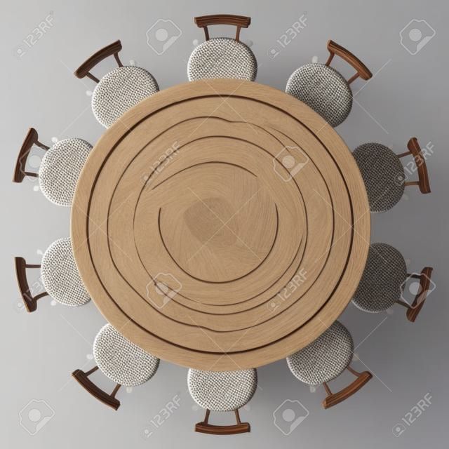 Yuvarlak masa ve sandalyeler, üstten görünüm, beyaz, 3d illüstrasyon izole