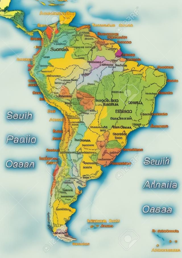 Mappa del Sud America. I nomi di paesi, città e fiumi sono sul livello isolato. illustrazione