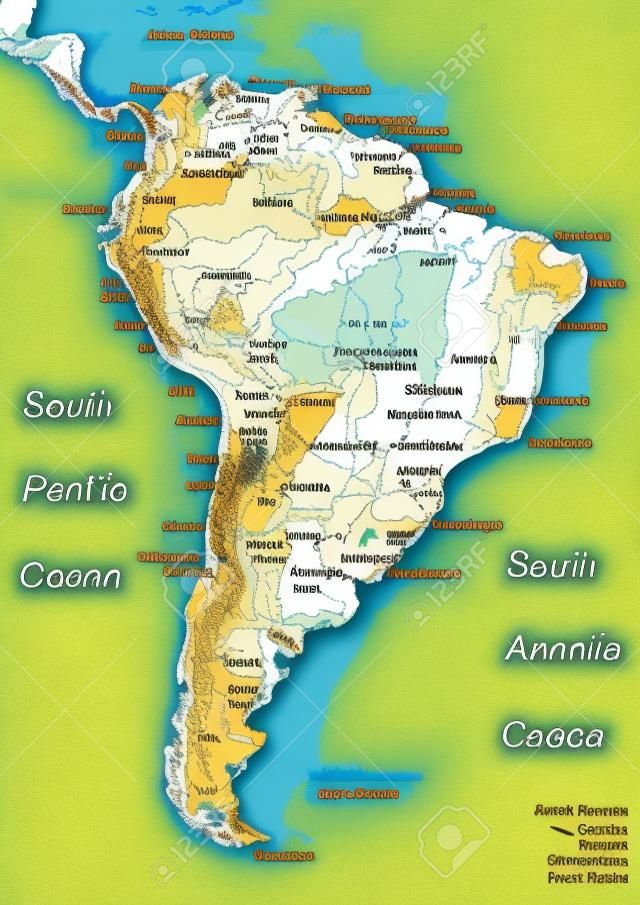 Mappa del Sud America. I nomi di paesi, città e fiumi sono sul livello isolato. illustrazione
