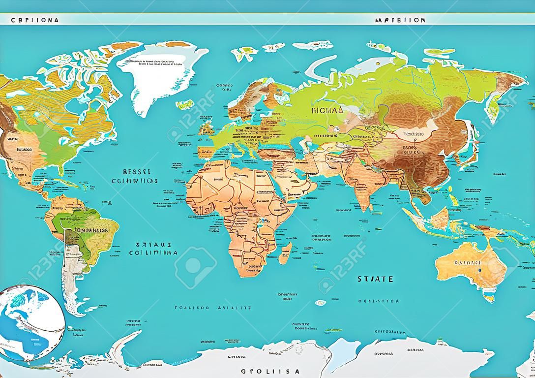 Carte du Monde. Les noms des pays et des villes, les continents, les frontières de l'Etat sont situés sur des calques séparés.
