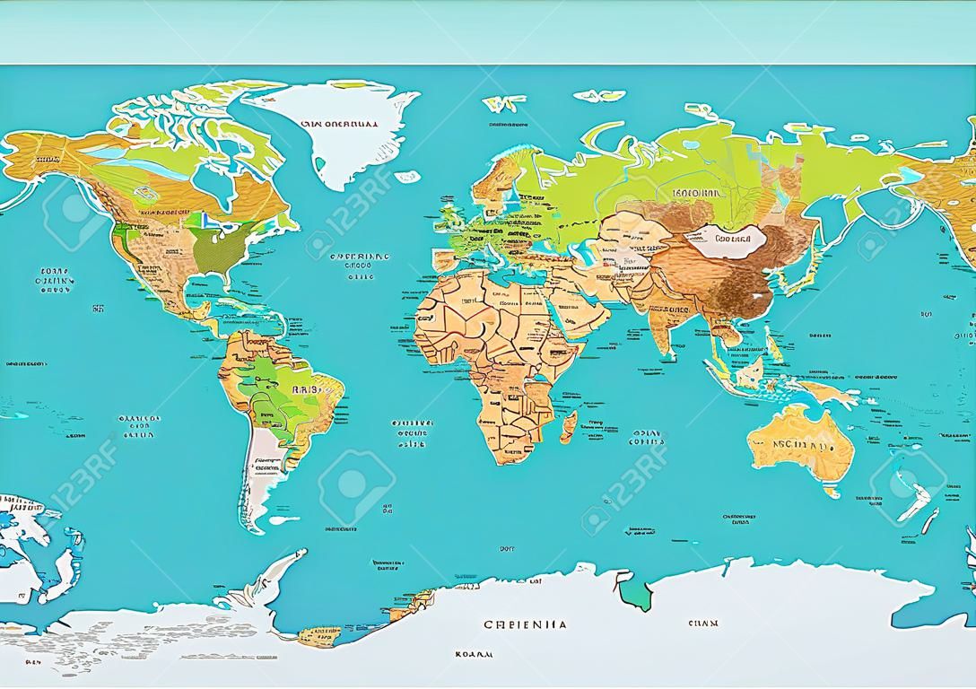 Térkép a világ. Országok nevét és városok, földrészek, államhatárok található külön réteget.