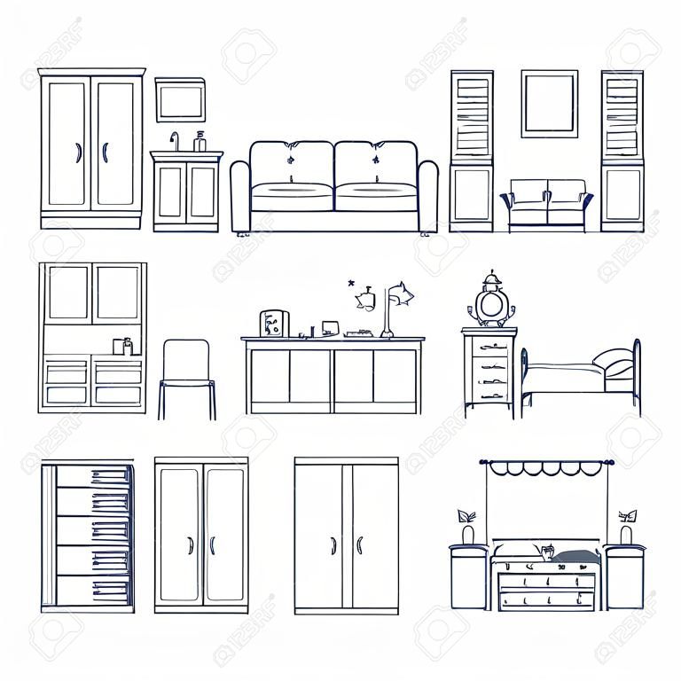 Conjunto de habitaciones de diseño interior de vector en línea estilo blanco y negro. Ilustración de la sala de estar, pasillo, comedor, dormitorio, cocina, cuarto de niños, gabinete, espacio de trabajo, cuarto de baño.