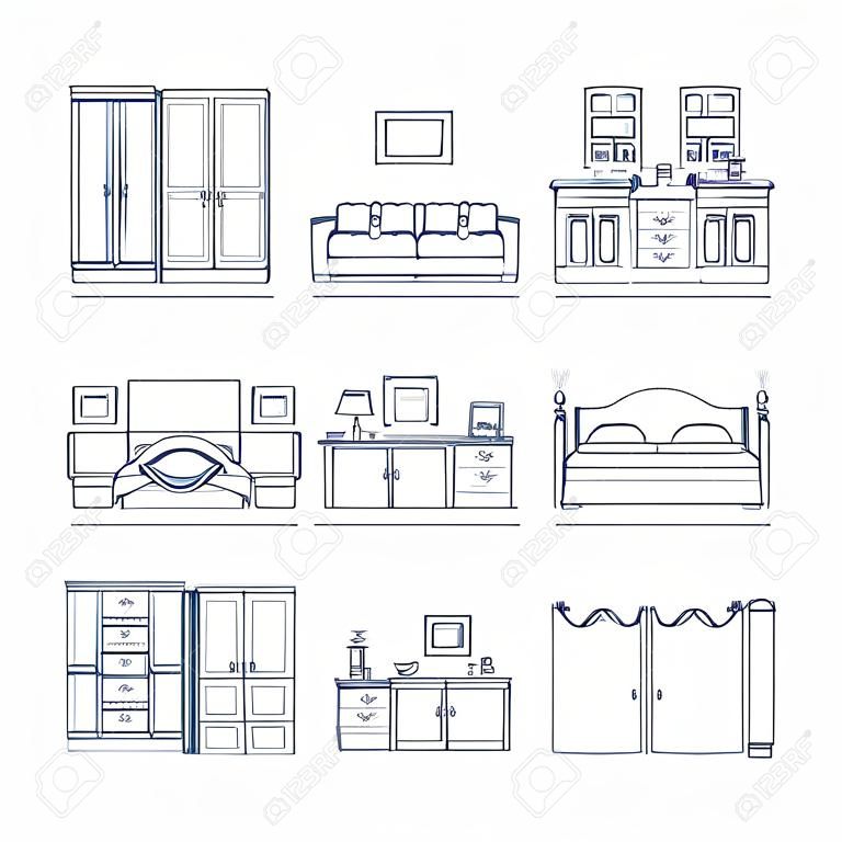 Conjunto de habitaciones de diseño interior de vector en línea estilo blanco y negro. Ilustración de la sala de estar, pasillo, comedor, dormitorio, cocina, cuarto de niños, gabinete, espacio de trabajo, cuarto de baño.