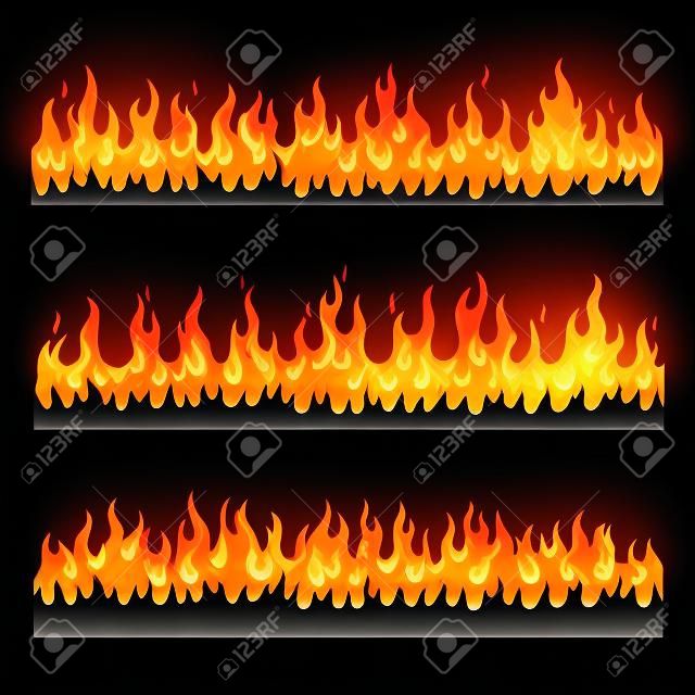 Płomienie przeciwpożarowe ustawione w płaskim stylu. Cartoon palenie ognia płomienia. Płomienie przeciwpożarowe samodzielnie na ciemnym tle. Różne poziome płomienie. Kolekcja długich pasów płonącego ognia.