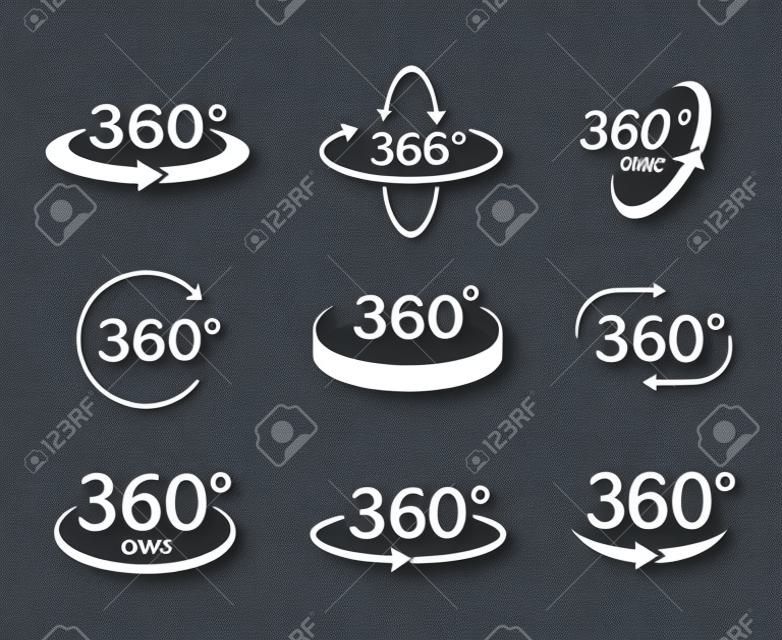 360도보기 원 아이콘 배경에서 격리. 360도 회전 또는 파노라마를 나타내는 화살표가있는 기호.