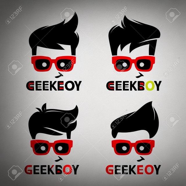 Geek lub nerd logo wektor zestawu. Cartoon twarz smart boy z okularami. Ikony aplikacji i witryn edukacyjnych, gier, technologii lub nauki.