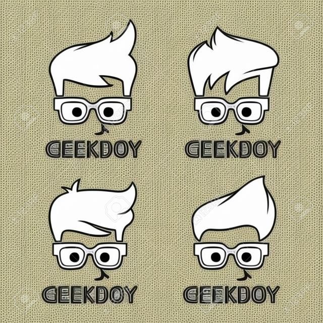 Geek lub nerd logo wektor zestawu. Cartoon twarz smart boy z okularami. Ikony aplikacji i witryn edukacyjnych, gier, technologii lub nauki.