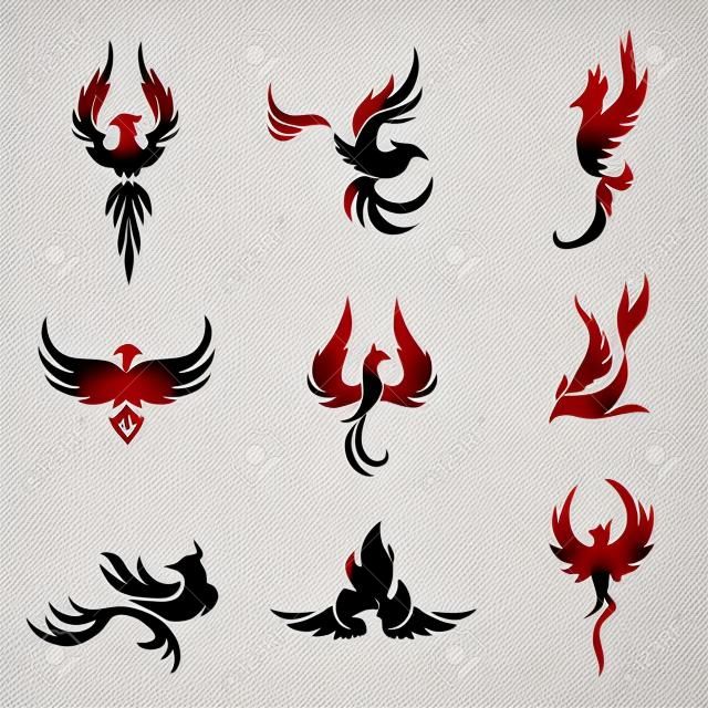 Phoenix bird stylized silhouettes icons on white background. Logo template in the form of a burning flying phoenix.