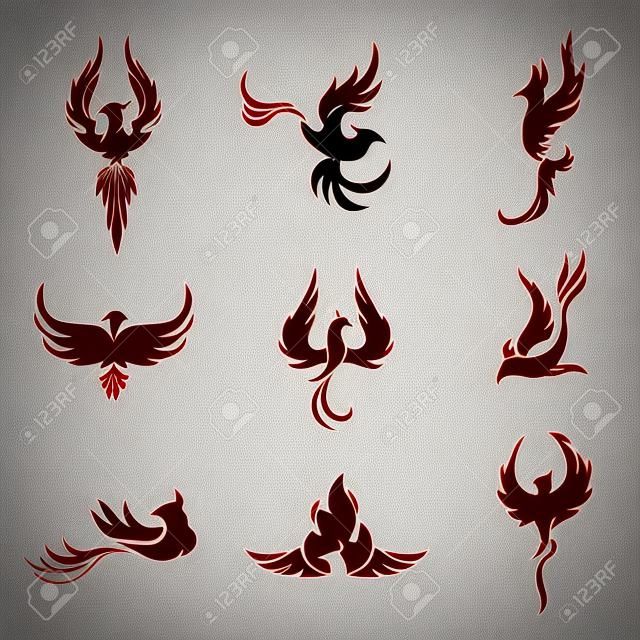 Phoenix bird stylized silhouettes icons on white background. Logo template in the form of a burning flying phoenix.