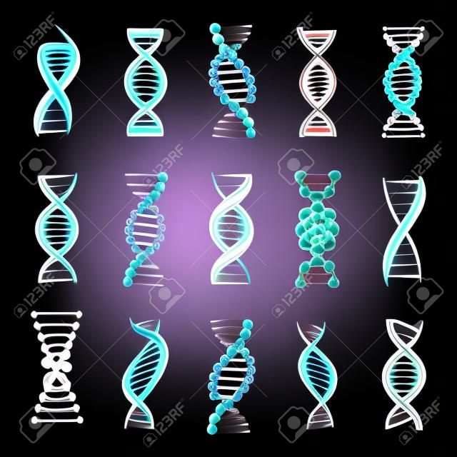 DNA helix, een genetische teken vector iconen op een witte achtergrond. Ontwerp elementen voor moderne geneeskunde, biologie en wetenschap. Donkere symbolen van dubbele menselijke keten DNA molecuul.