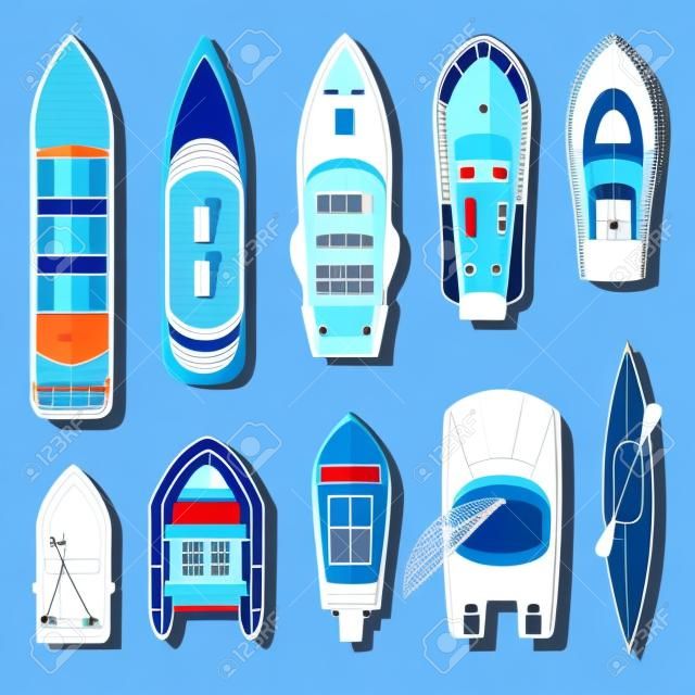 Ships and boats top view. Transport for travel on water surface, vessels above the sea or ocean background. Vector flat style cartoon illustration isolated on blue background