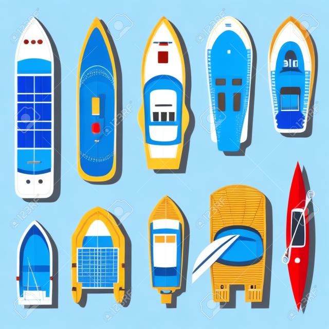 Ships and boats top view. Transport for travel on water surface, vessels above the sea or ocean background. Vector flat style cartoon illustration isolated on blue background