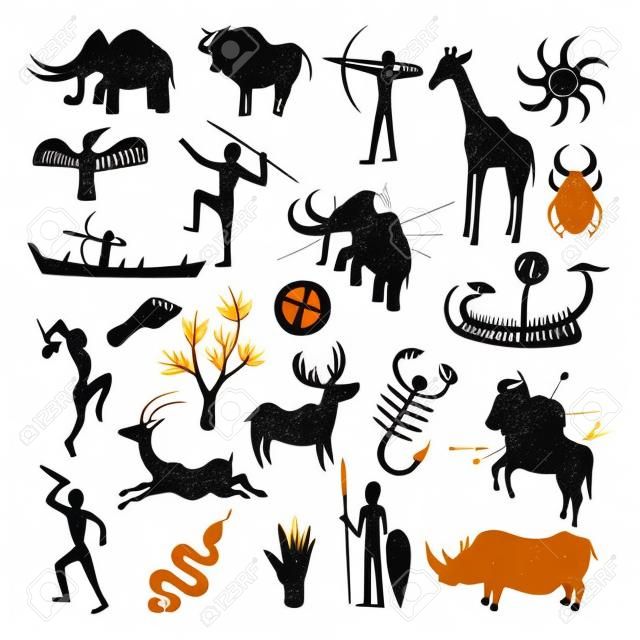 Cave painting set. Simple painting done by prehistoric people in caves, hunting and life painted in black on the wall. Vector flat style cartoon illustration isolated on white background