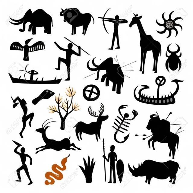 Cave painting set. Simple painting done by prehistoric people in caves, hunting and life painted in black on the wall. Vector flat style cartoon illustration isolated on white background