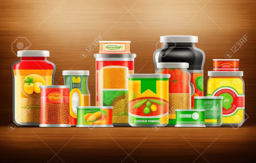 Canned goods in a row.